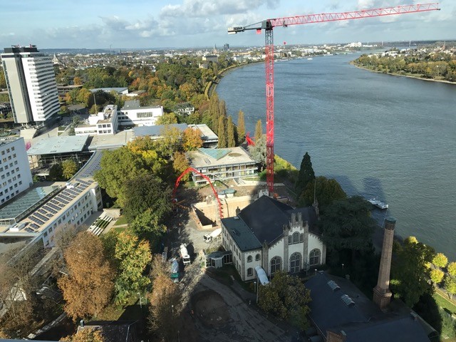Aerial view of a city along a river.